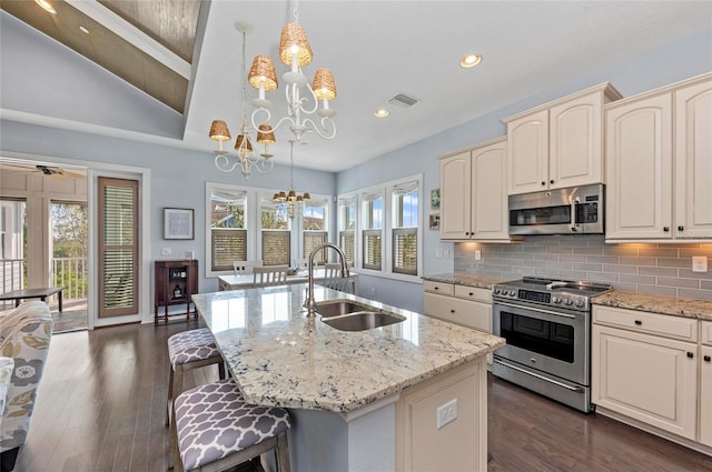 kitchen with tasteful backsplash, visible vents, stainless steel appliances, and a sink