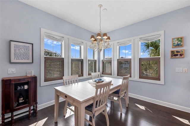 dining area with an inviting chandelier, a healthy amount of sunlight, dark wood-style flooring, and baseboards