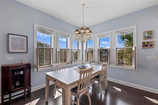 dining space with a wealth of natural light, baseboards, a notable chandelier, and dark wood-style floors