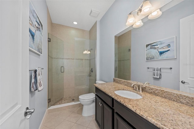 bathroom featuring tile patterned floors, visible vents, toilet, a stall shower, and vanity