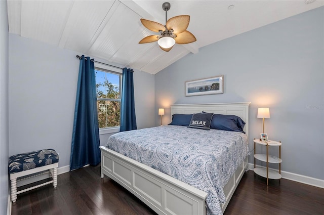 bedroom with baseboards, dark wood-style flooring, and vaulted ceiling with beams