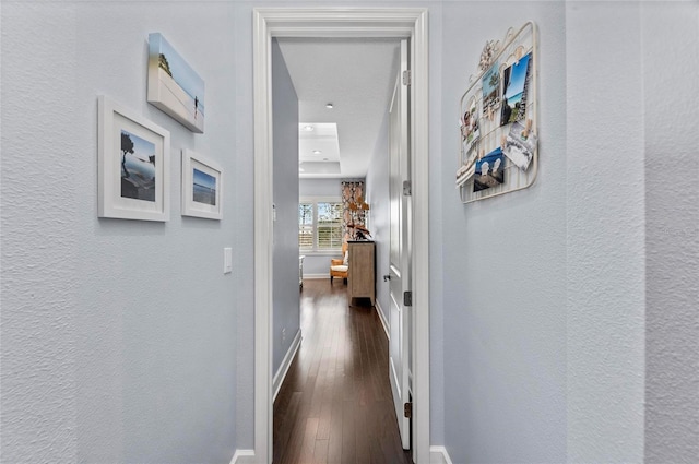 hall featuring dark wood-style floors and baseboards