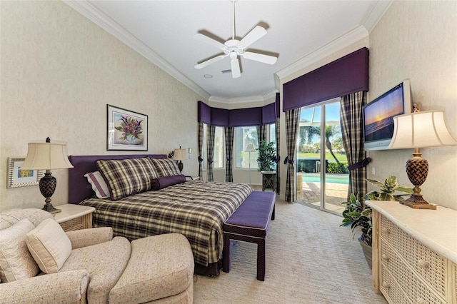 bedroom with light colored carpet, access to exterior, a ceiling fan, and ornamental molding