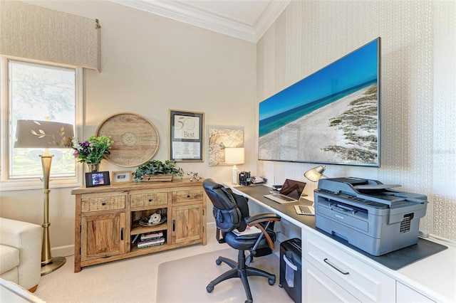 home office with light carpet, wallpapered walls, baseboards, and ornamental molding