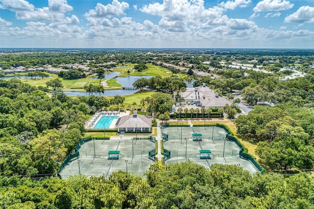 drone / aerial view with a water view