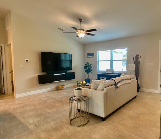 living room with visible vents, baseboards, lofted ceiling, and ceiling fan