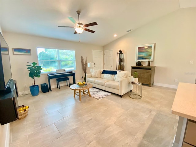 living room featuring recessed lighting, ceiling fan, baseboards, and lofted ceiling