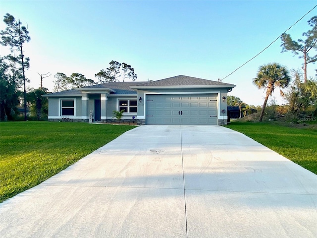 single story home featuring a front lawn, an attached garage, concrete driveway, and stucco siding