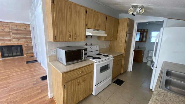 kitchen with white appliances, a sink, decorative backsplash, under cabinet range hood, and a glass covered fireplace