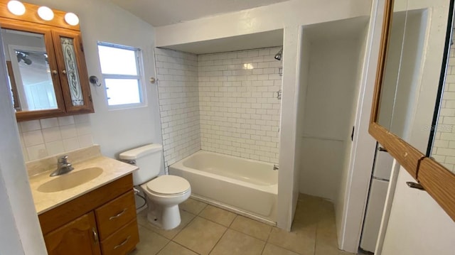 full bath featuring backsplash, toilet, shower / bathing tub combination, tile patterned floors, and vanity