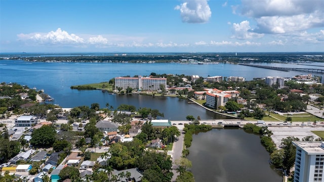 bird's eye view with a city view and a water view