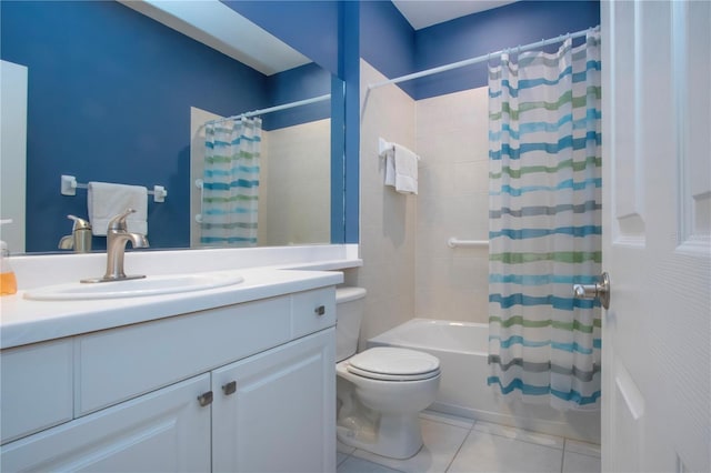 full bath with tile patterned flooring, shower / bath combination with curtain, toilet, and vanity