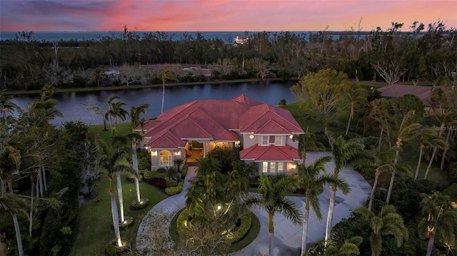 aerial view at dusk featuring a water view