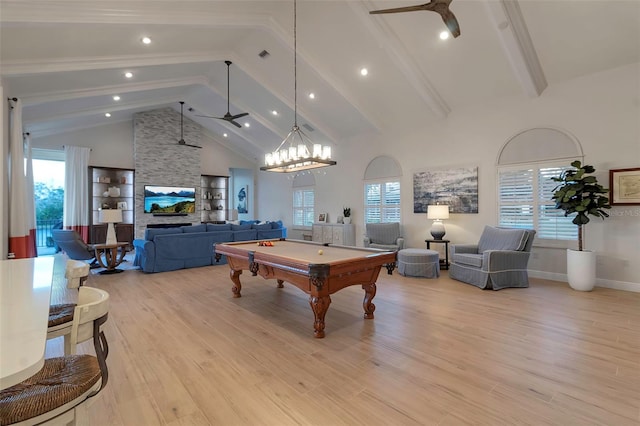 game room featuring a wealth of natural light, high vaulted ceiling, light wood-style floors, pool table, and ceiling fan