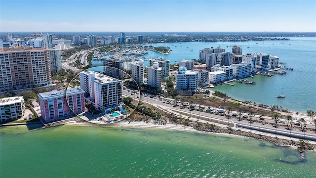 birds eye view of property featuring a view of city and a water view