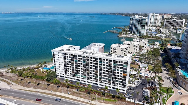 bird's eye view with a water view and a view of city