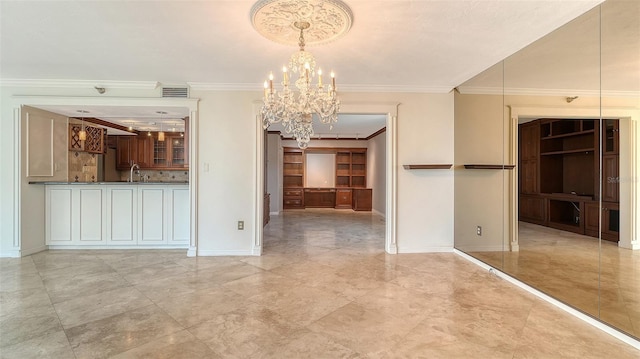 unfurnished living room featuring visible vents, crown molding, baseboards, and a sink