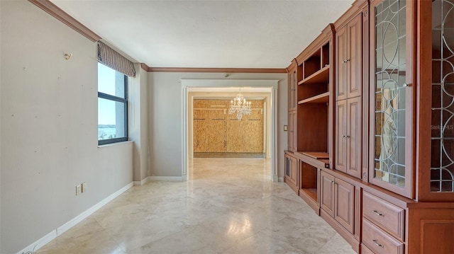 corridor with baseboards, an inviting chandelier, and ornamental molding