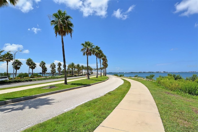 view of community with a water view