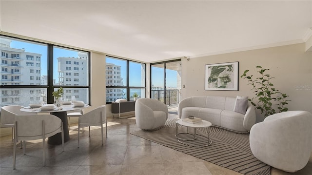 living room featuring a wall of windows, a view of city, and ornamental molding