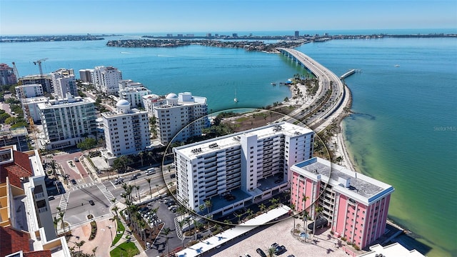 aerial view with a view of city and a water view