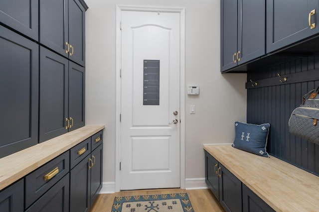 mudroom with light wood finished floors and baseboards