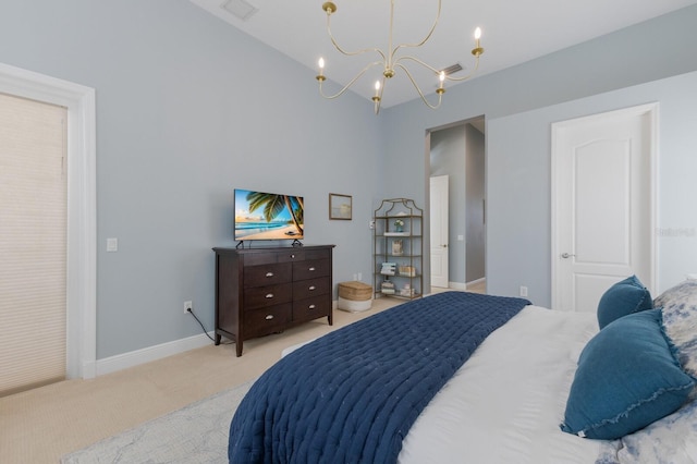 bedroom with visible vents, light colored carpet, baseboards, and an inviting chandelier