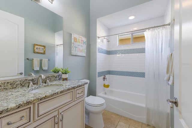 bathroom featuring vanity, toilet, shower / tub combo with curtain, and tile patterned flooring