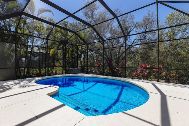 pool featuring a patio area and glass enclosure