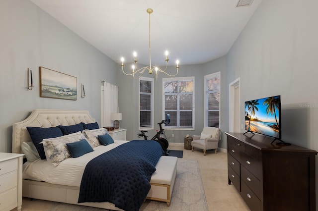 bedroom featuring a notable chandelier, light colored carpet, baseboards, and visible vents