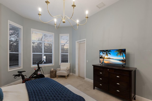 bedroom with visible vents, a notable chandelier, light colored carpet, and baseboards