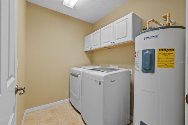 laundry room with light tile patterned floors, baseboards, cabinet space, electric water heater, and washer and dryer