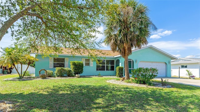 ranch-style house with stucco siding, an attached garage, driveway, and a front lawn