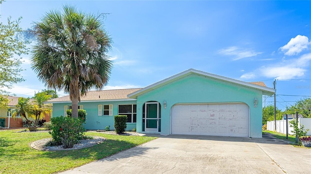 single story home featuring a front yard, fence, an attached garage, stucco siding, and concrete driveway