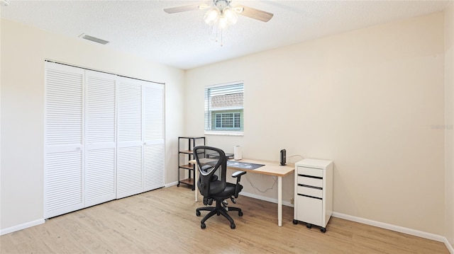 office area featuring visible vents, light wood-style flooring, a ceiling fan, a textured ceiling, and baseboards