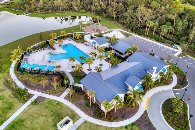 drone / aerial view featuring a water view