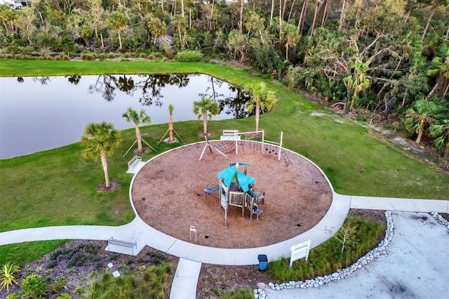 drone / aerial view featuring a water view