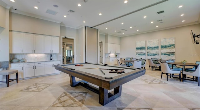 game room featuring visible vents, recessed lighting, crown molding, and billiards