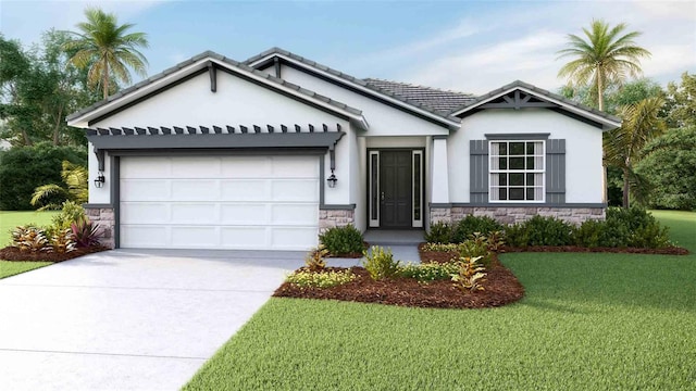 view of front of property featuring stone siding, driveway, and a front yard