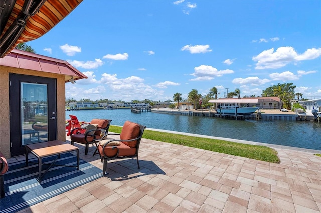 view of patio / terrace featuring a water view