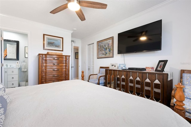 bedroom with connected bathroom, a ceiling fan, and crown molding