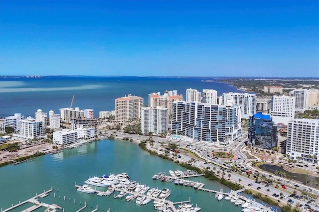 aerial view featuring a water view and a view of city