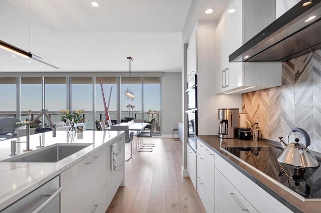 kitchen with appliances with stainless steel finishes, white cabinetry, wall chimney exhaust hood, and a sink