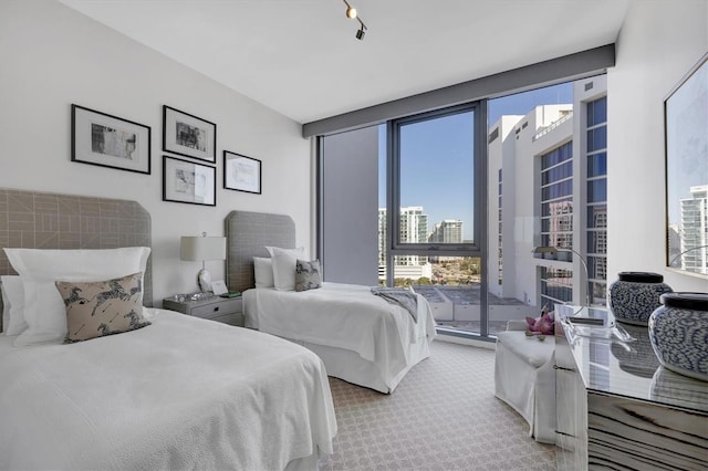 bedroom featuring a view of city and carpet