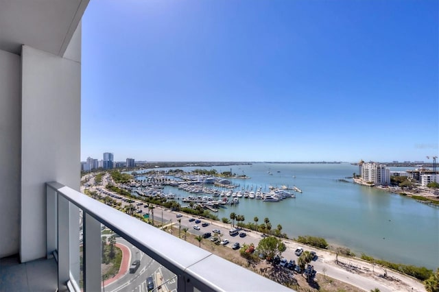 balcony with a city view and a water view