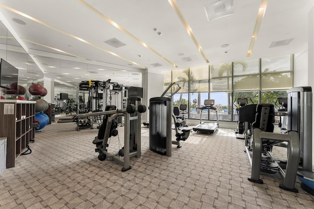 workout area with visible vents and carpet floors