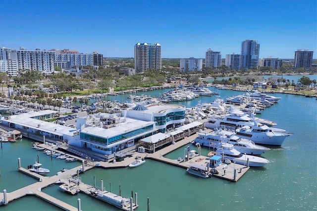 drone / aerial view featuring a view of city and a water view