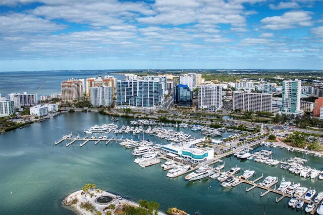 aerial view featuring a water view and a city view