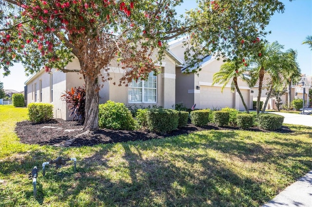 view of side of property featuring an attached garage, a lawn, and stucco siding