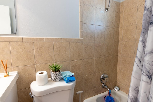 bathroom featuring toilet, tile walls, and shower / tub combo with curtain